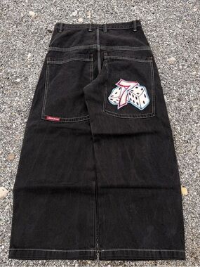 JNCO Black Relaxed Wide-Leg Jeans with Dice Pocket Graphic